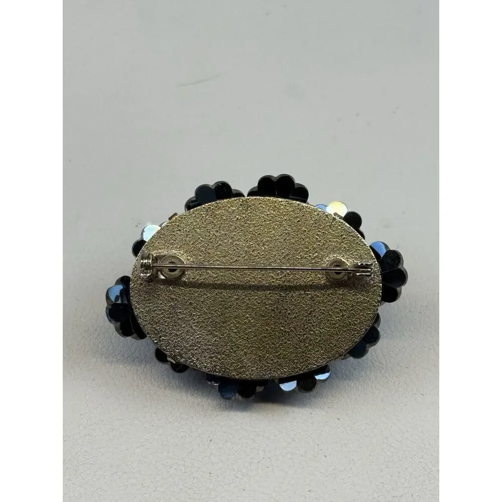 Vintage Blue Green Marguerite Rivoli Flower Beaded Brooch